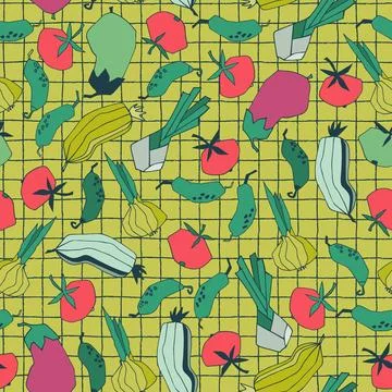 Seamless repeating pattern with vegetables. Stylized vector line art. Abstrac Stock Illustration