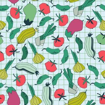 Seamless repeating pattern with vegetables. Stylized vector line art. Abstrac Stock Illustration