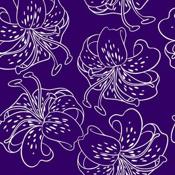 Seamless repeating pattern of white contour flowers of lilies on a purple Stock Illustration