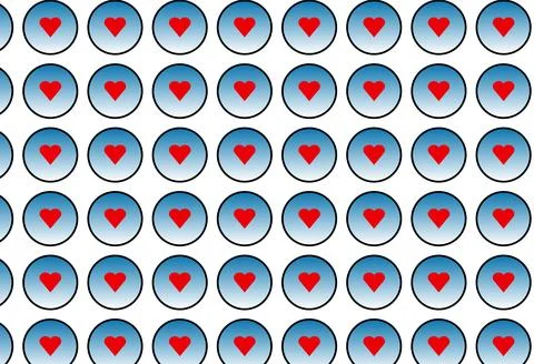 Seamless Repeating Red Heart Pattern in Blue Gradient Circles on White Back.. Ilustración de archivo