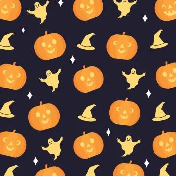 Seamless repetitive Halloween pattern background with pumpkin, hat, and ghost Stock Illustration