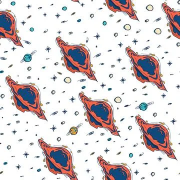 Seamless Retro Black Hole Pattern Orange Navy Hand Drawn Vector Space Stockillustratie