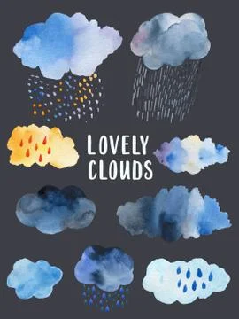Seamless retro clouds and rain in the sky illustration blue scandinavian style Stock Illustration