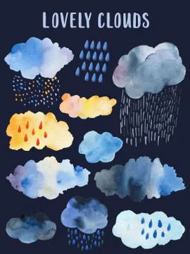 Seamless retro clouds and rain in the sky illustration blue scandinavian style Stock Illustration