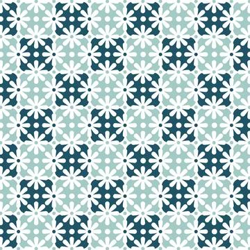 Seamless Retro Floral Geometric Pattern in Teal and White Stock Illustration