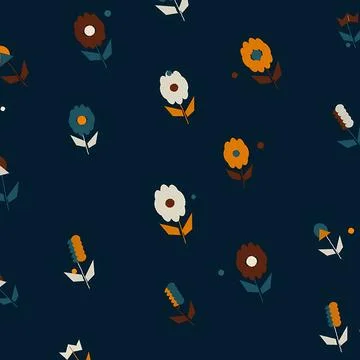 Seamless Retro Floral Pattern with Mid-Century Modern Stylized Flowers on Dark Stockillustratie