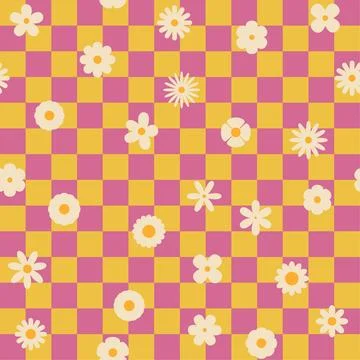 Seamless retro groovy checkered pattern with floral elements. Simple 1970s-.. Stock Illustration