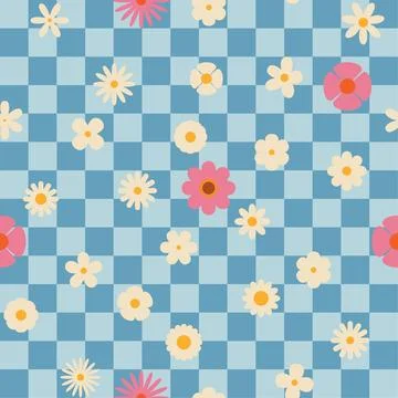 Seamless retro groovy checkered pattern with floral elements. Simple 1970s-.. Stock Illustration