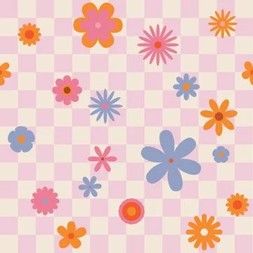 Seamless retro groovy checkered pattern with floral elements. Simple 1970s-.. Stock Illustration