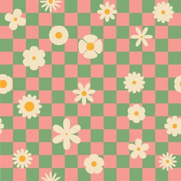 Seamless retro groovy checkered pattern with floral elements. Simple 1970s-.. Ilustração Stock