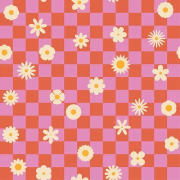 Seamless retro groovy checkered pattern with floral elements. Simple 1970s-.. Stock Illustration