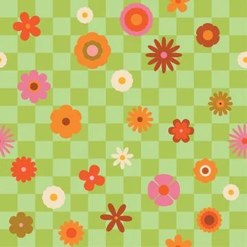 Seamless retro groovy checkered pattern with floral elements. Simple 1970s-.. Stock Illustration