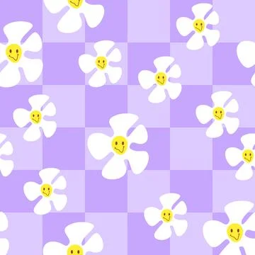 Seamless retro groovy pattern. Purple chess checkerboard with white smile d.. Illustrazione stock