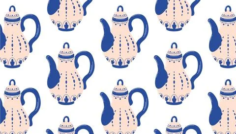 Seamless retro kettle pattern in flat style. Background for paper, packaging Stock Illustration