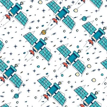 Seamless Retro Orbital Satellite Pattern Teal Hand Drawn Vector Space Ilustración de archivo