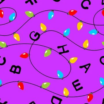 Seamless retro pattern with glowing Christmas lights and alphabet letters o.. Illustrazione stock