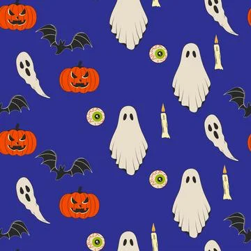 Seamless retro pattern, Halloween, ghost pumpkin and bat mouse.  Isolated o.. Stock Illustration