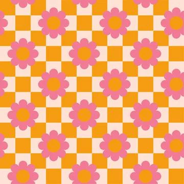 Seamless retro pattern with pink flowers, 60s, hippy style	 Illustrazione stock