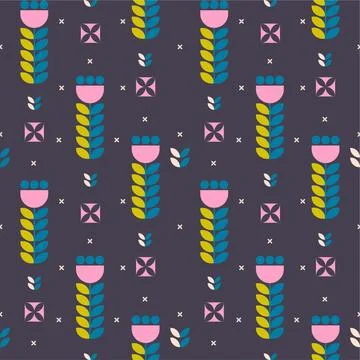 Seamless retro pattern with pink flowers, bauhaus design, retro colors	 Illustrazione stock