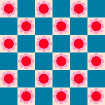 Seamless retro pattern with red flowers, 60s, hippy, retro style, vintage colors Illustrazione stock