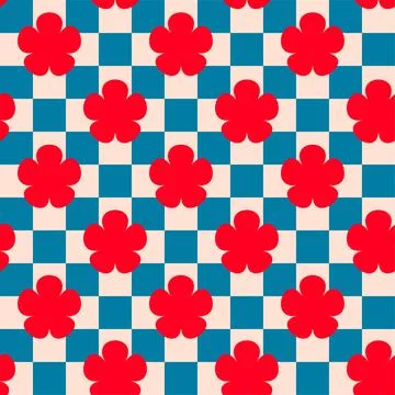 Seamless retro pattern with red flowers, 60s, hippy, retro style, vintage colors Illustrazione stock