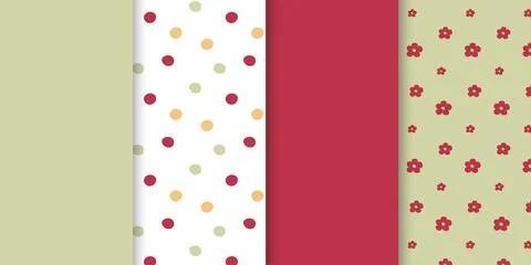 Seamless retro pattern set with floral and polka dot designs in soft red gr.. Stock Illustration