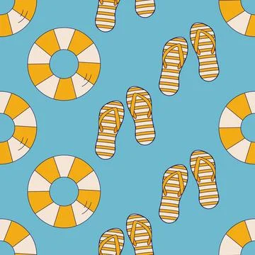 Seamless retro pattern. Summer yellow lifebuoy and flip flops. Vector illus.. Stock Illustration