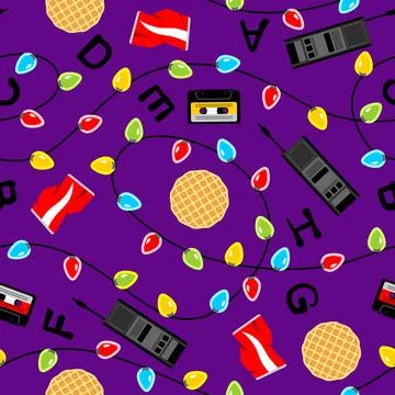 Seamless retro pattern with waffles, cassettes, walkie-talkies and alphabet.. Illustrazione stock