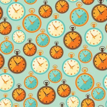 Seamless retro pattern with watches in flat style Stock Illustration
