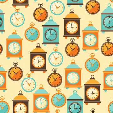 Seamless retro pattern with watches in flat style Illustrazione stock