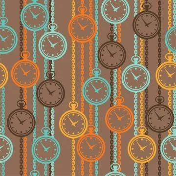 Seamless retro pattern with watches in flat style Stock Illustration