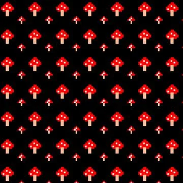 Seamless retro pixel art red mushrooms pattern on black background Illustrazione stock