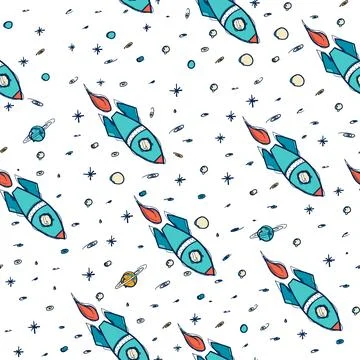 Seamless Retro Rocket Ship Pattern Teal Orange Hand Drawn Vector Space Stock Illustration