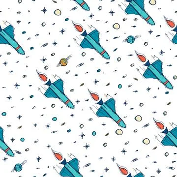 Seamless Retro Space Shuttle Pattern Teal Orange Hand Drawn Vector Stockillustratie