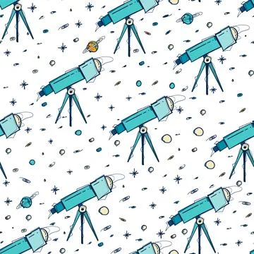 Seamless Retro Telescope Pattern Teal Color Hand Drawn Vector Space Stockillustratie