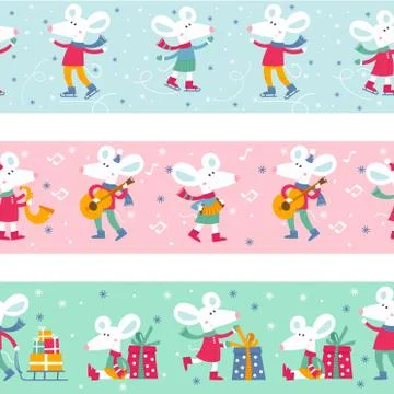 Seamless ribbon pattern with cute white Christmas mice Stock Illustration
