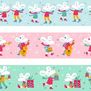 Seamless ribbon pattern with cute white Christmas mice Stock-Illustration