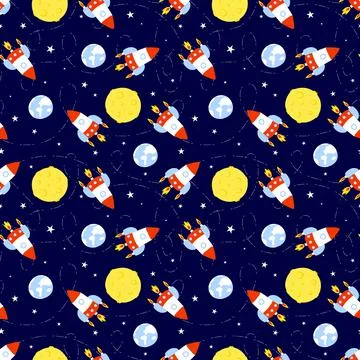 Seamless rocket pattern with ship, moon, earth, stars, stripe way. Vector kid Stock Illustration