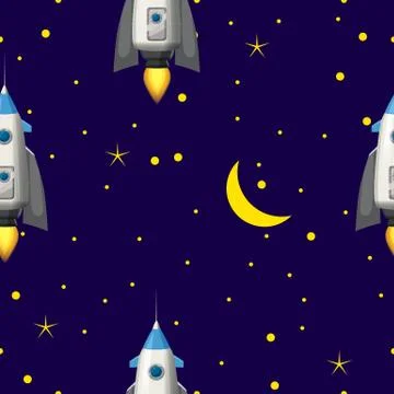 Seamless Rocket pattern, stars and space. Vector illustration ispalted cartoon Stock Illustration