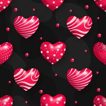 Seamless Romantic Pattern with 3D Glossy Red Hearts and Floating Beads on B.. Illustrazione stock