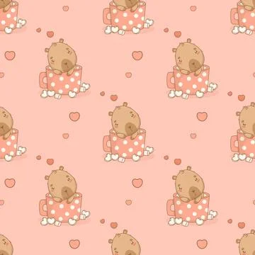 Seamless romantic pattern. Cute enamored capybara in polka dot cup with mar.. Stock Illustration
