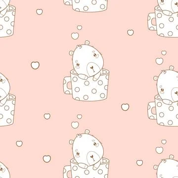 Seamless romantic pattern. Cute enamored capybara in cup on soft pink backg.. Stock Illustration