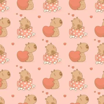 Seamless romantic pattern. Cute enamored capybara with big heart and thoughtful Stock Illustration