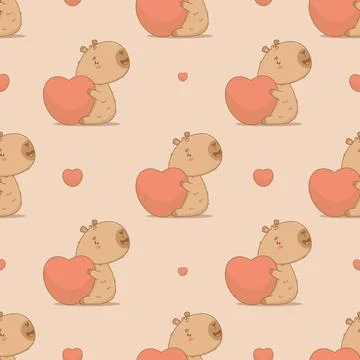 Seamless romantic pattern. Cute happy cartoon capybara with big heart on be.. Stock Illustration