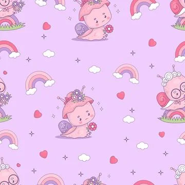 Seamless romantic pattern. Elderly snail grandmother on rainbow and funny w.. Stock Illustration