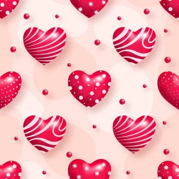 Seamless Romantic Pattern Featuring 3D Glossy Red Hearts with Stripes and D.. Stock Illustration