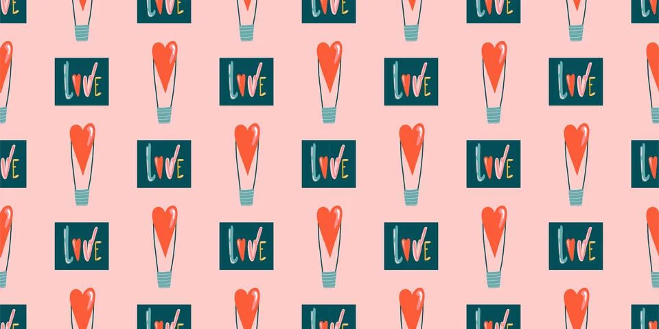 Seamless romantic pattern with handmade red hearts. Colorful doodle hearts on Stock Illustration