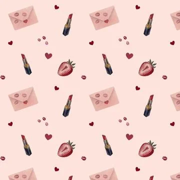 Seamless romantic pattern with lipstick, envelope, strawberry and hearts Stock Illustration