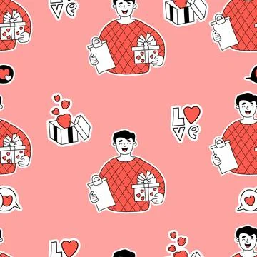 Seamless romantic pattern. Man with gift, valentine, symbols love, hearts on Stock Illustration