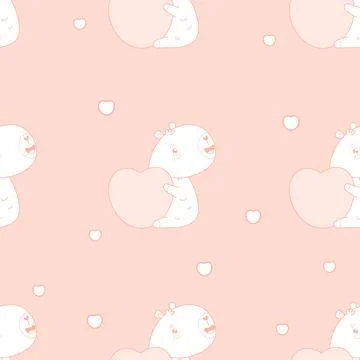 Seamless romantic pattern. Outline happy cartoon capybara with big heart on.. Stock Illustration